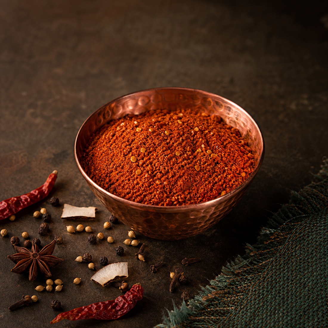 Malvani Masala in a small hammered copper bowl